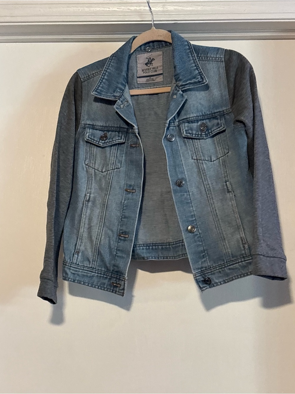 Beverly Hills Polo Club Light Blue Denim Jean Jacket with Heather Gray Sleeves